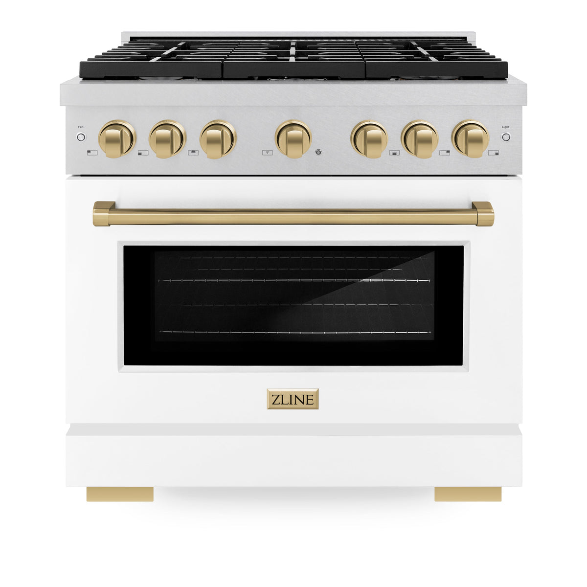 ZLINE Autograph Edition 36 in. 5.2 cu. ft. Paramount Dual Fuel Range with 6 Burner Gas Cooktop and Electric Convection Oven in Satin Stainless Steel with White Matte Door and Champagne Bronze Accents (SDRSZ-WM-36-CB)