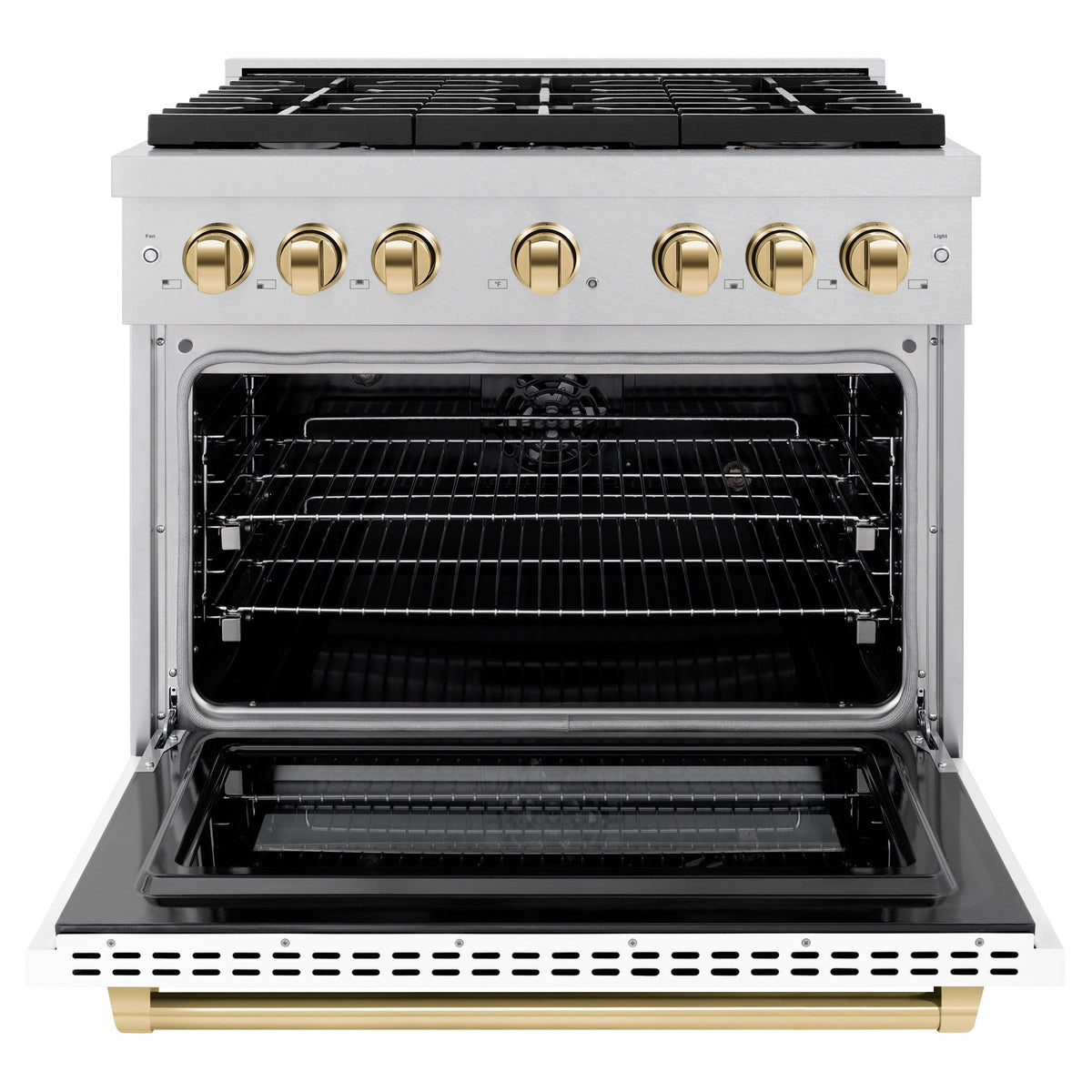 ZLINE Autograph Edition 36 in. 5.2 cu. ft. Paramount Dual Fuel Range with 6 Burner Gas Cooktop and Electric Convection Oven in Satin Stainless Steel with White Matte Door and Polished Gold Accents (SDRSZ-WM-36-G)