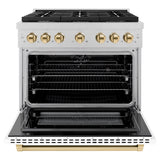 ZLINE Autograph Edition 36 in. 5.2 cu. ft. Paramount Dual Fuel Range with 6 Burner Gas Cooktop and Electric Convection Oven in Satin Stainless Steel with White Matte Door and Polished Gold Accents (SDRSZ-WM-36-G)