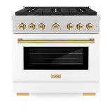 ZLINE Autograph Edition 36 in. 5.2 cu. ft. Paramount Dual Fuel Range with 6 Burner Gas Cooktop and Electric Convection Oven in Satin Stainless Steel with White Matte Door and Polished Gold Accents (SDRSZ-WM-36-G)