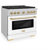 ZLINE Autograph Edition 36 in. 5.2 cu. ft. Paramount Dual Fuel Range with 6 Burner Gas Cooktop and Electric Convection Oven in Satin Stainless Steel with White Matte Door and Polished Gold Accents (SDRSZ-WM-36-G)