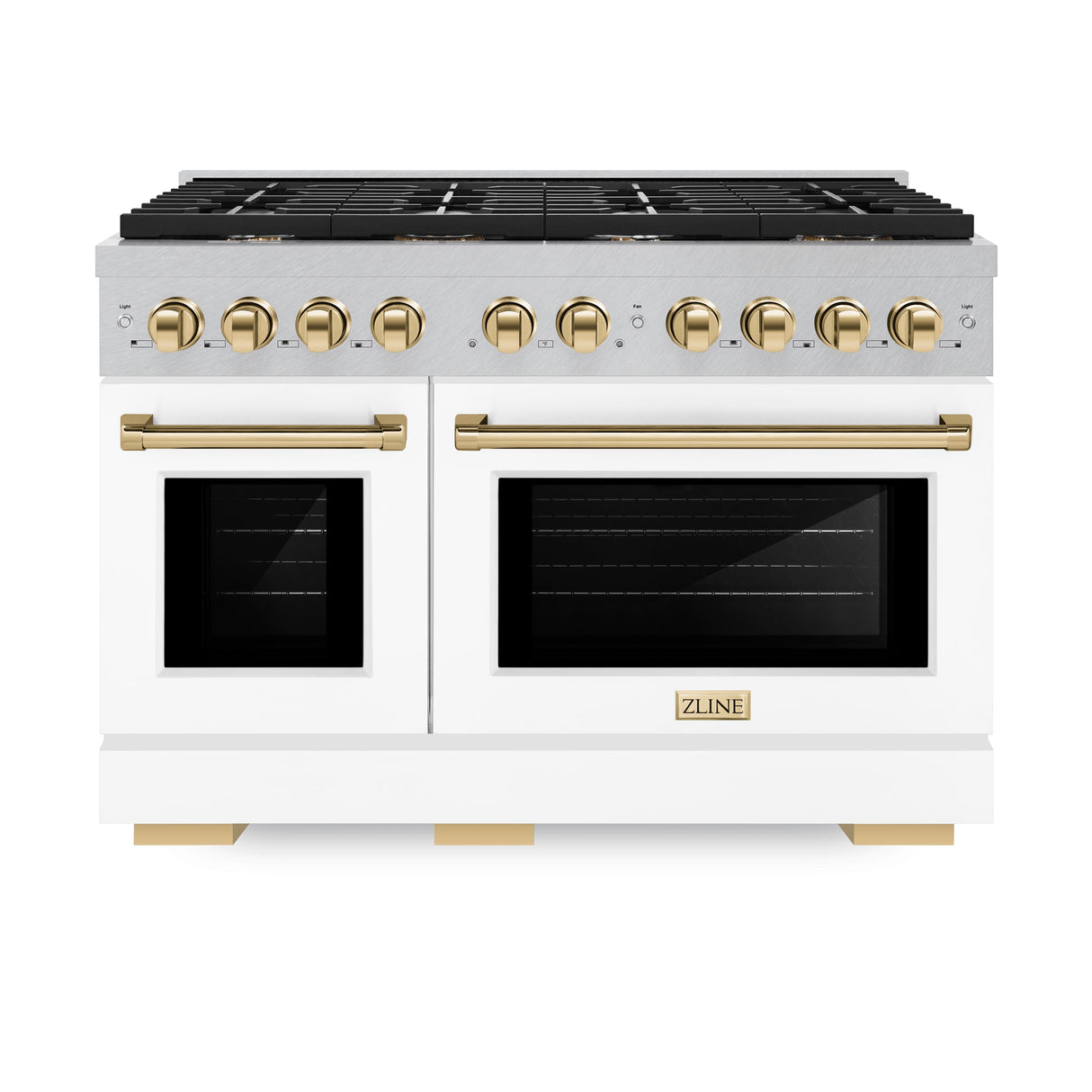 ZLINE Autograph Edition 48 in. 6.7 cu. ft. Paramount Double Oven Dual Fuel Range with 8 Burner Gas Cooktop in Satin Stainless Steel with White Matte Doors and Polished Gold Accents (SDRSZ-WM-48-G)
