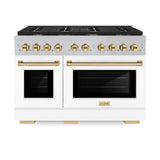 ZLINE Autograph Edition 48 in. 6.7 cu. ft. Paramount Double Oven Dual Fuel Range with 8 Burner Gas Cooktop in Satin Stainless Steel with White Matte Doors and Polished Gold Accents (SDRSZ-WM-48-G)
