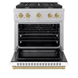 ZLINE Autograph Edition 30 in. 4.2 cu. ft. Paramount Gas Range with 4 Burner Cooktop and Convection Gas Oven in Satin Stainless Steel with White Matte Door and Champagne Bronze Accents (SGRSZ-WM-30-CB)