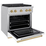ZLINE Autograph Edition 30 in. 4.2 cu. ft. Paramount Gas Range with 4 Burner Cooktop and Convection Gas Oven in Satin Stainless Steel with White Matte Door and Champagne Bronze Accents (SGRSZ-WM-30-CB)