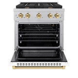 ZLINE Autograph Edition 30 in. 4.2 cu. ft. Paramount Gas Range with 4 Burner Cooktop and Convection Gas Oven in Satin Stainless Steel with White Matte Door and Polished Gold Accents (SGRSZ-WM-30-G)