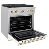 ZLINE Autograph Edition 30 in. 4.2 cu. ft. Paramount Gas Range with 4 Burner Cooktop and Convection Gas Oven in Satin Stainless Steel with White Matte Door and Polished Gold Accents (SGRSZ-WM-30-G)