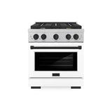 ZLINE Autograph Edition 30 in. 4.2 cu. ft. Paramount Gas Range with 4 Burner Cooktop and Convection Gas Oven in Satin Stainless Steel with White Matte Door and Matte Black Accents (SGRSZ-WM-30-MB)