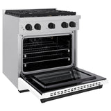 ZLINE Autograph Edition 30 in. 4.2 cu. ft. Paramount Gas Range with 4 Burner Cooktop and Convection Gas Oven in Satin Stainless Steel with White Matte Door and Matte Black Accents (SGRSZ-WM-30-MB)