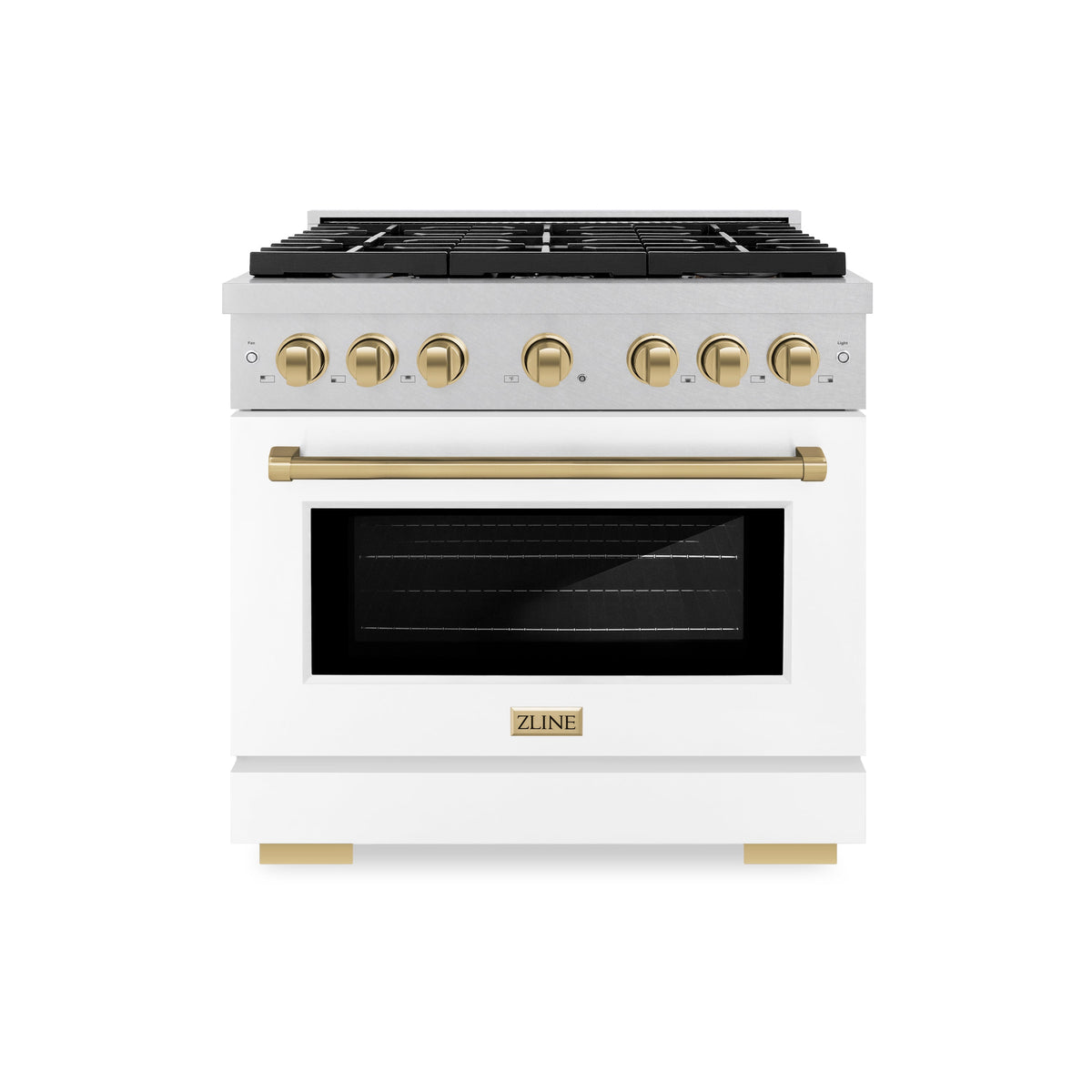 ZLINE Autograph Edition 36 in. 5.2 cu. ft. Paramount Gas Range with 6 Burner Cooktop and Convection Gas Oven in Satin Stainless Steel with White Matte Door and Champagne Bronze Accents (SGRSZ-WM-36-CB)