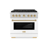 ZLINE Autograph Edition 36 in. 5.2 cu. ft. Paramount Gas Range with 6 Burner Cooktop and Convection Gas Oven in Satin Stainless Steel with White Matte Door and Polished Gold Accents (SGRSZ-WM-36-G)