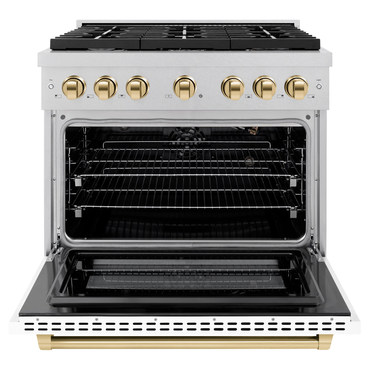 ZLINE Autograph Edition 36 in. 5.2 cu. ft. Paramount Gas Range with 6 Burner Cooktop and Convection Gas Oven in Satin Stainless Steel with White Matte Door and Polished Gold Accents (SGRSZ-WM-36-G)