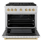 ZLINE Autograph Edition 36 in. 5.2 cu. ft. Paramount Gas Range with 6 Burner Cooktop and Convection Gas Oven in Satin Stainless Steel with White Matte Door and Polished Gold Accents (SGRSZ-WM-36-G)