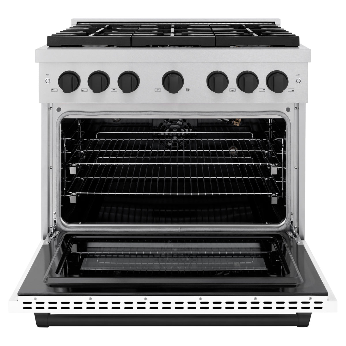 ZLINE Autograph Edition 36 in. 5.2 cu. ft. Paramount Gas Range with 6 Burner Cooktop and Convection Gas Oven in Satin Stainless Steel with White Matte Door and Matte Black Accents (SGRSZ-WM-36-MB)