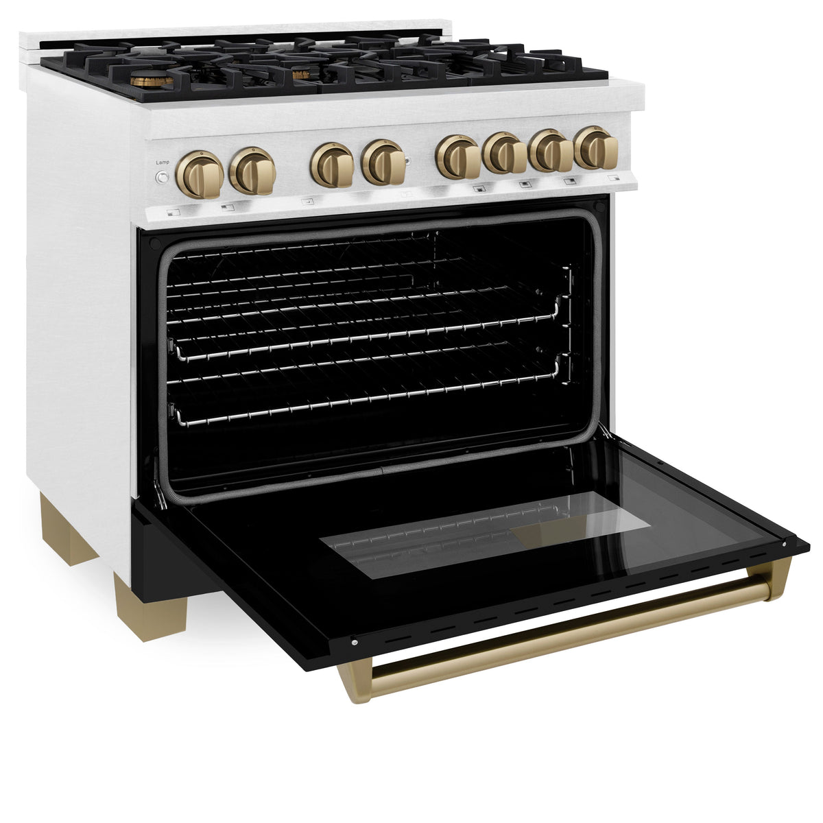 ZLINE Autograph Edition 36 in. 4.6 cu. ft. Legacy Dual Fuel Range with 6 Burner Gas Cooktop and Electric Convection Oven in Satin Stainless Steel with Black Matte Door and Polished Gold Accents (RASZ-BLM-36-G)