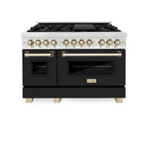 ZLINE Autograph Edition 48 in. 6.0 cu. ft. Legacy Dual Fuel Range with 7 Burner Gas Cooktop and 2 Electric Ovens in Satin Stainless Steel with Black Matte Doors and Polished Gold Accents (RASZ-BLM-48-G)