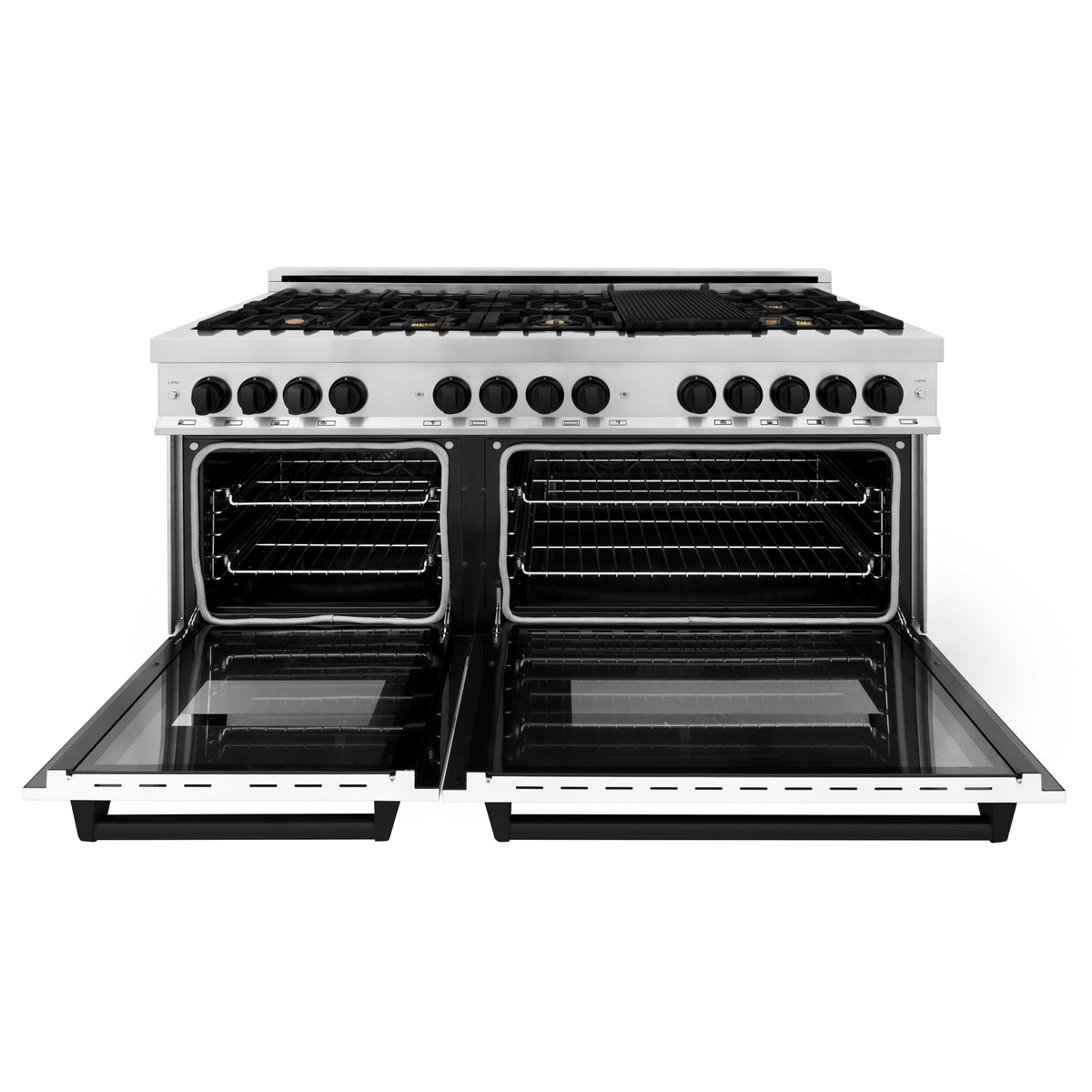 ZLINE Autograph Edition 60 in. 7.4 cu. ft. Legacy Dual Fuel Range with 9 Burner Gas Cooktop and 2 Electric Convection Ovens in Stainless Steel with White Matte Doors and Matte Black Accents (RAZ-WM-60-MB)