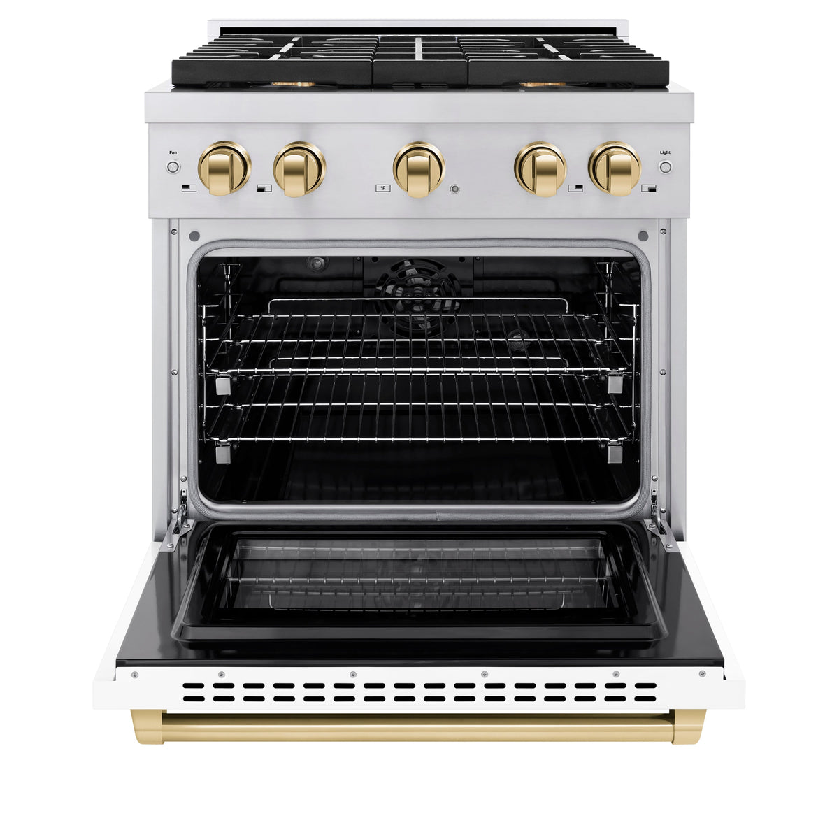 ZLINE Autograph Edition 30 in. 4.2 cu. ft. Paramount Dual Fuel Range with 4 Burner Gas Cooktop and Electric Convection Oven in Stainless Steel with White Matte Door and Polished Gold Accents (SDRZ-WM-30-G)
