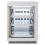 ZLINE Autograph Edition 24 in. Touchstone 151 Can Beverage Fridge With Satin Stainless Steel Glass Door And Polished Gold Handle (RBSOZ-SN-24-G)