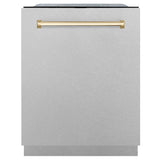 ZLINE Autograph Edition 24" Monument Series 3rd Rack Top Touch Control Tall Tub Dishwasher in Fingerprint Resistant Stainless Steel with Polished Gold Handle, 45dBa (DWMTZ-SN-24-G)