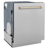 ZLINE Autograph Edition 24" Monument Series 3rd Rack Top Touch Control Tall Tub Dishwasher in Fingerprint Resistant Stainless Steel with Polished Gold Handle, 45dBa (DWMTZ-SN-24-G)