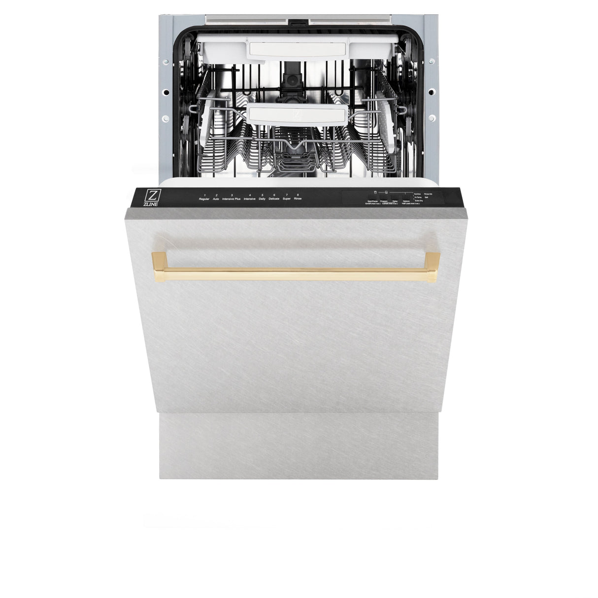 ZLINE Autograph Edition 18” Tallac Series 3rd Rack Top Control Built-In Dishwasher in Fingerprint Resistant Stainless Steel with Polished Gold Handle, 51dBa (DWVZ-SN-18-G)