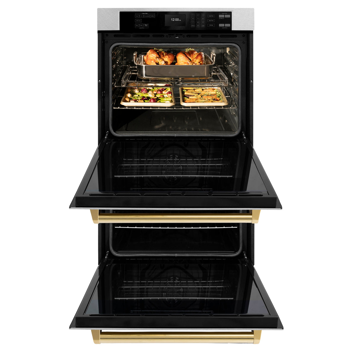 ZLINE 30 in. Autograph Edition Professional True Convection Double Wall Oven with Air Fry and Self Clean in Satin Stainless Steel with Polished Gold Handles (WADSZ-30-G)