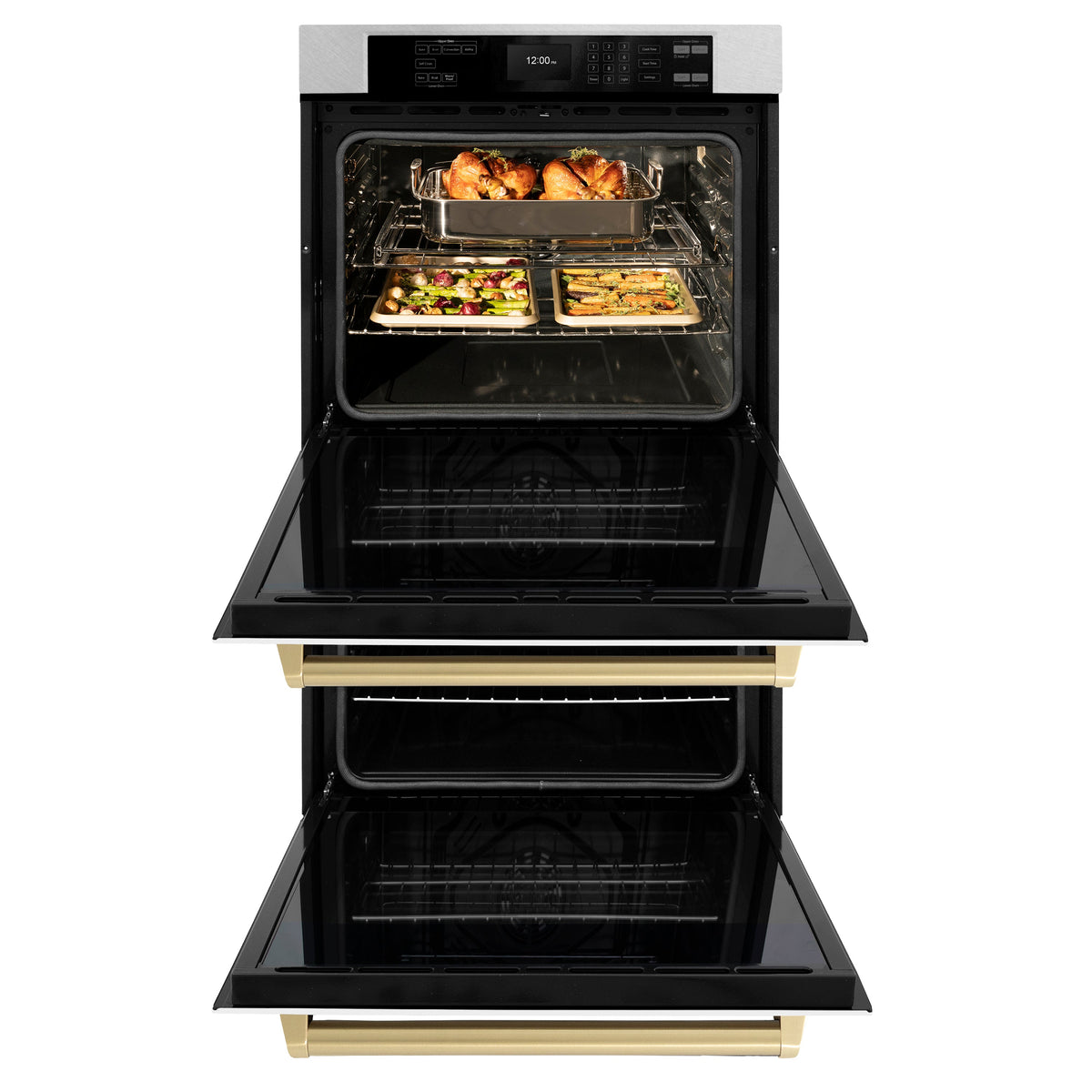 ZLINE 30 in. Autograph Edition Professional True Convection Double Wall Oven with Air Fry and Self Clean in Satin Stainless Steel with White Matte Doors and Champagne Bronze Handles (WADSZ-WM-30-CB)