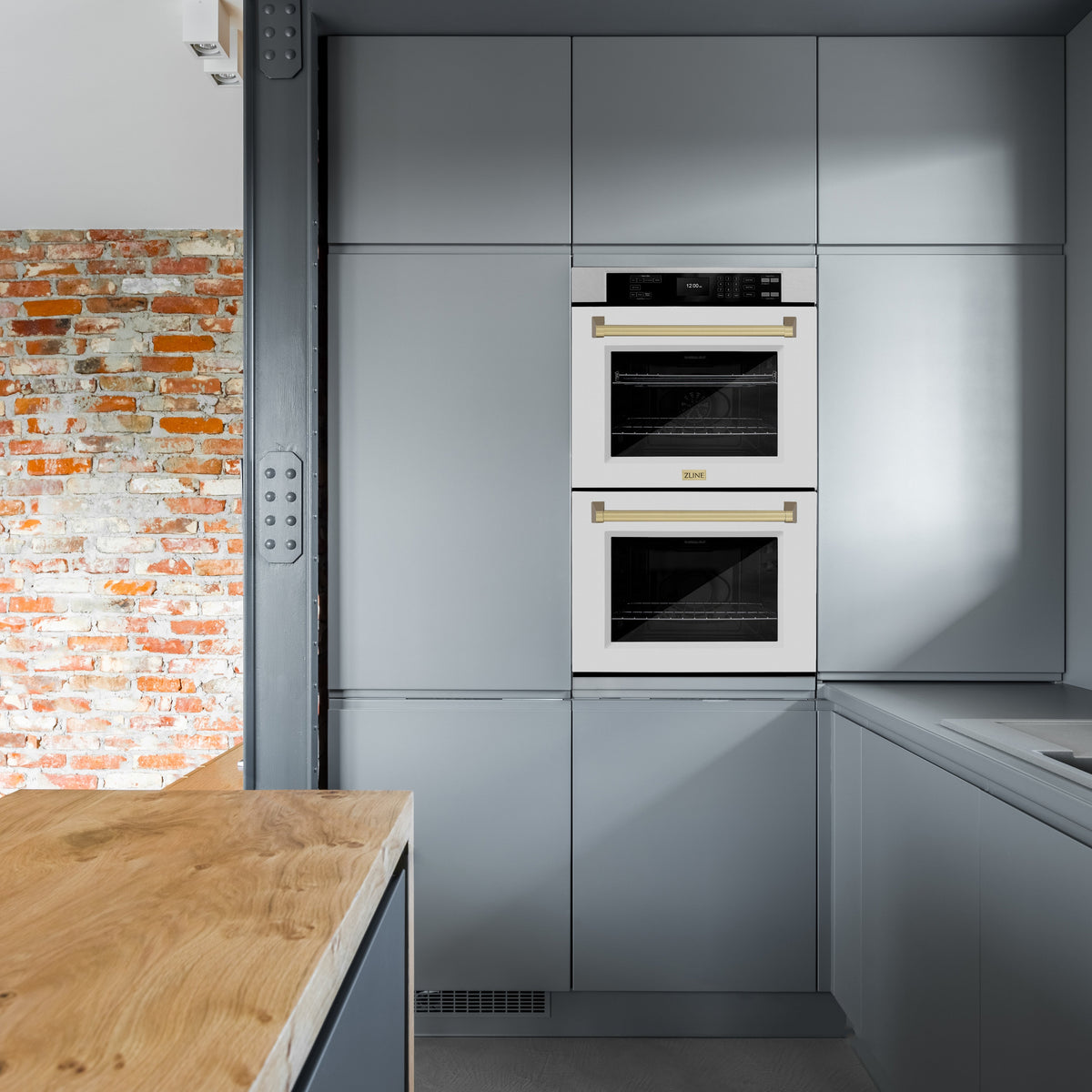 ZLINE 30 in. Autograph Edition Professional True Convection Double Wall Oven with Air Fry and Self Clean in Satin Stainless Steel with White Matte Doors and Champagne Bronze Handles (WADSZ-WM-30-CB)