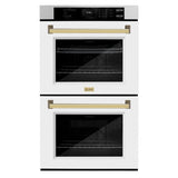 ZLINE 30 in. Autograph Edition Professional True Convection Double Wall Oven with Air Fry and Self Clean in Satin Stainless Steel with White Matte Doors and Polished Gold Handles (WADSZ-WM-30-G)