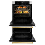 ZLINE 30 in. Autograph Edition Professional True Convection Double Wall Oven with Air Fry and Self Clean in Satin Stainless Steel with White Matte Doors and Polished Gold Handles (WADSZ-WM-30-G)