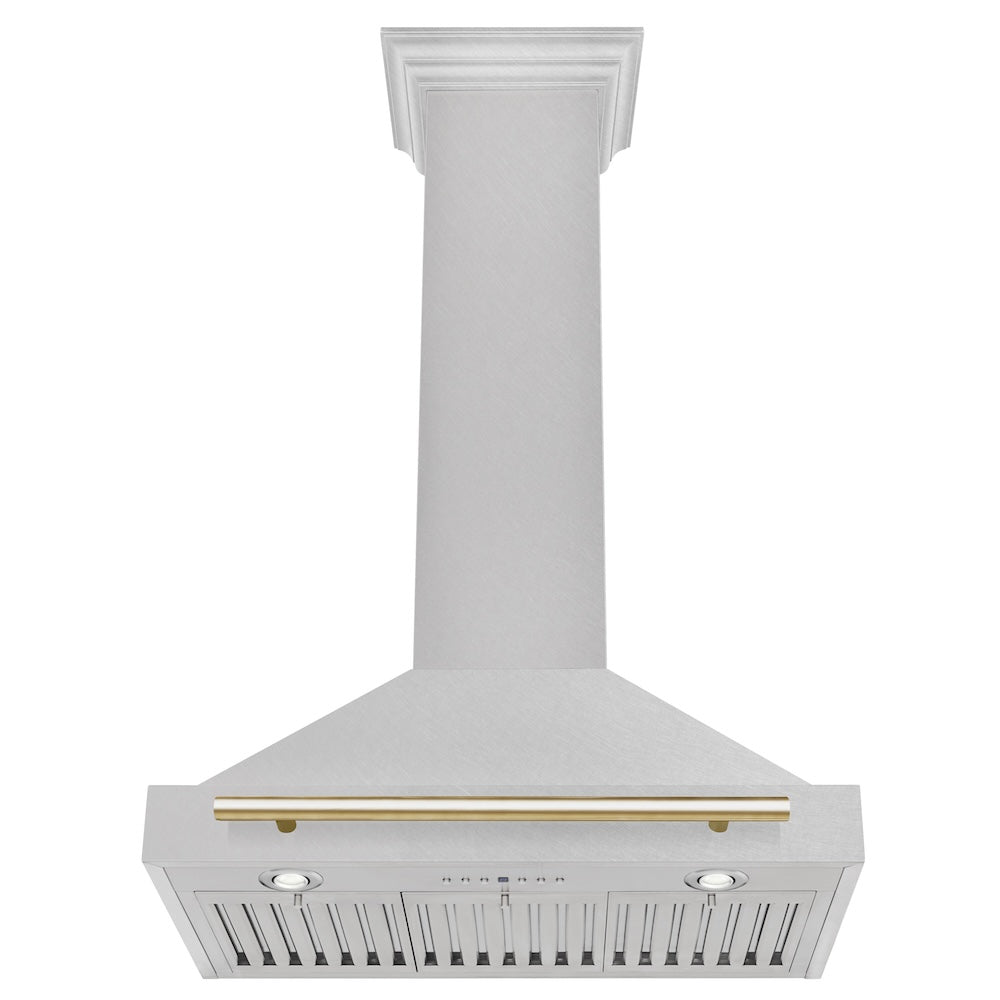 ZLINE 30 in. Autograph Edition Convertible Fingerprint Resistant DuraSnow® Stainless Steel Range Hood with Polished Gold Handle (KB4SNZ-30-G)