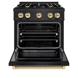 ZLINE Autograph Edition 30 in. 4.2 cu. ft. Select Gas Range with 4 Burner Cooktop and Convection Gas Oven in Black Stainless Steel and Polished Gold Accents (HGRBZ-30-G)