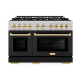 ZLINE Autograph Edition 48 in. 6.7 cu. ft. Select Double Oven Dual Fuel Range with 8 Burner Gas Cooktop in Satin Stainless Steel with Black Matte Doors and Polished Gold Accents (HDRSZ-BLM-48-G)