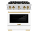 ZLINE Autograph Edition 30 in. 4.2 cu. ft. Select Gas Range with 4 Burner Cooktop and Convection Gas Oven in Stainless Steel with White Matte Door and Champagne Bronze Accents (HGRZ-WM-30-CB)