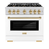 ZLINE Autograph Edition 36 in. 5.2 cu. ft. Select Gas Range with 6 Burner Cooktop and Convection Gas Oven in Stainless Steel with White Matte Door and Polished Gold Accents (HGRZ-WM-36-G)