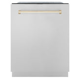 ZLINE Autograph Edition 24" Monument Series 3rd Rack Top Touch Control Tall Tub Dishwasher in Stainless Steel with Polished Gold Handle, 45dBa (DWMTZ-304-24-G)