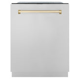 ZLINE Autograph Edition 24" Monument Series 3rd Rack Top Touch Control Tall Tub Dishwasher in Stainless Steel with Polished Gold Handle, 45dBa (DWMTZ-304-24-G)