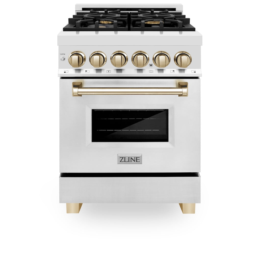 ZLINE Autograph Edition 24 in. 2.8 cu. ft. Legacy Dual Fuel Range with 4 Burner Gas Cooktop and Electric Convection Oven in Stainless Steel and Polished Gold Accents (RAZ-24-G)
