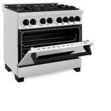 ZLINE Autograph Edition 36 in. 4.6 cu. ft. Legacy Dual Fuel Range with 6 Burner Gas Cooktop and Electric Convection Oven in Stainless Steel and Matte Black Accents (RAZ-36-MB)