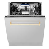 ZLINE Autograph Edition 24" Tallac Series 3rd Rack Top Control Built-In Tall Tub Dishwasher in Stainless Steel with Polished Gold Handle, 51dBa (DWVZ-304-24-G)