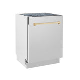 ZLINE Autograph Edition 24" Tallac Series 3rd Rack Top Control Built-In Tall Tub Dishwasher in Stainless Steel with Polished Gold Handle, 51dBa (DWVZ-304-24-G)
