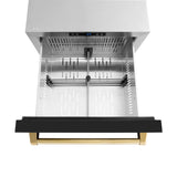ZLINE Autograph Edition 24 in. Touchstone 168 Can Outdoor-Rated Dual Refrigerator Drawer with Black Matte Doors and Polished Gold Handles (RDSOZ-BLM-24-G)