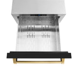 ZLINE Autograph Edition 24 in. Touchstone 168 Can Outdoor-Rated Dual Refrigerator Drawer with Black Matte Doors and Polished Gold Handles (RDSOZ-BLM-24-G)