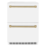 ZLINE Autograph Edition 24 in. Touchstone 168 Can Outdoor-Rated Dual Refrigerator Drawer with White Matte Doors and Champagne Bronze Handles (RDSOZ-WM-24-CB)