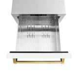ZLINE Autograph Edition 24 in. Touchstone 168 Can Outdoor-Rated Dual Refrigerator Drawer with White Matte Doors and Polished Gold Handles (RDSOZ-WM-24-G)