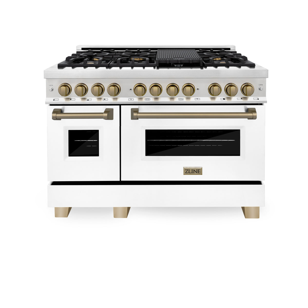 ZLINE Autograph Edition 48 in. 6.0 cu. ft. Legacy Dual Fuel Range with 7 Burner Gas Cooktop and 2 Electric Ovens in Stainless Steel with White Matte Doors and Champagne Bronze Accents (RAZ-WM-48-CB)