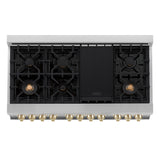 ZLINE Autograph Edition 48 in. 6.0 cu. ft. Legacy Dual Fuel Range with 7 Burner Gas Cooktop and 2 Electric Ovens in Stainless Steel with White Matte Doors and Champagne Bronze Accents (RAZ-WM-48-CB)