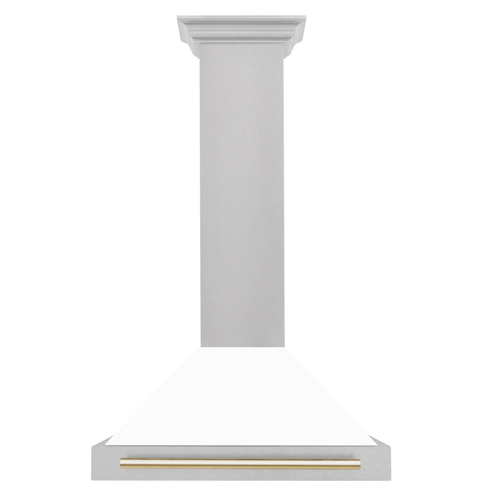ZLINE 30 in. Autograph Edition Convertible Fingerprint Resistant DuraSnow® Stainless Steel Range Hood with White Matte Shell and Polished Gold Handle (KB4SNZ-WM30-G)