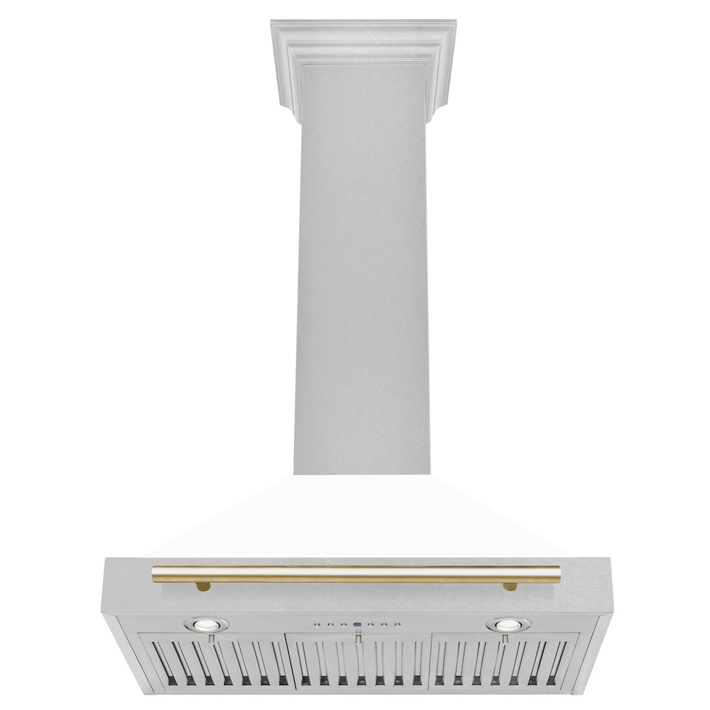 ZLINE 30 in. Autograph Edition Convertible Fingerprint Resistant DuraSnow® Stainless Steel Range Hood with White Matte Shell and Polished Gold Handle (KB4SNZ-WM30-G)